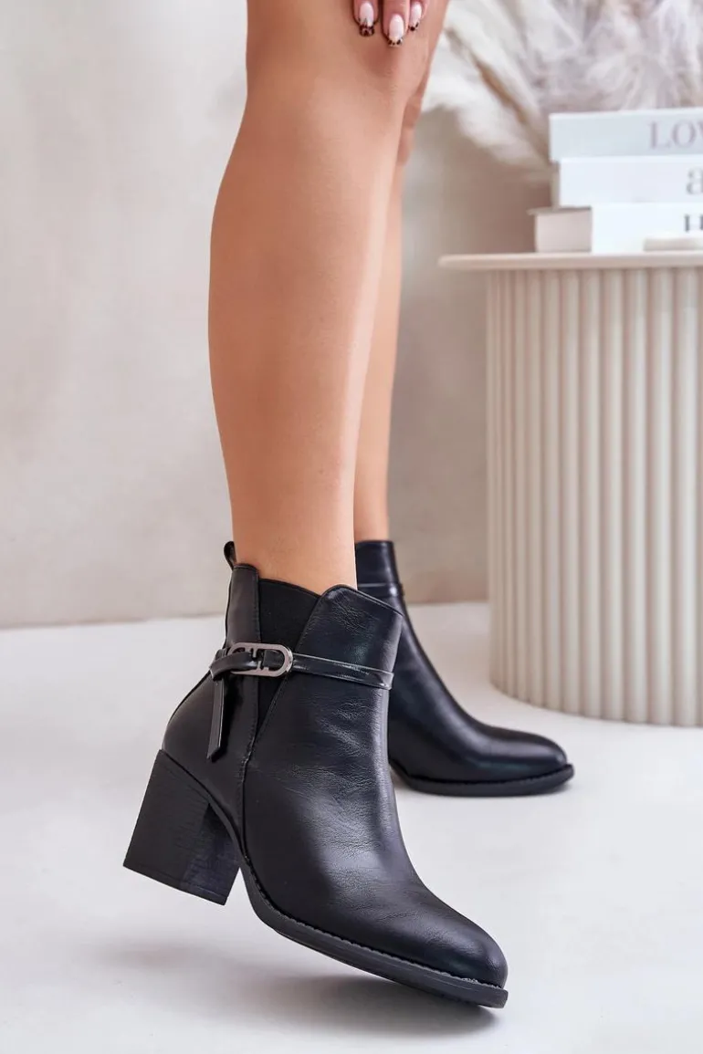 Botki Damskie Na Obcasie Słupku Ocieplane Z Paskiem Czarne Zinithia