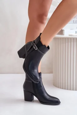 Botki Damskie Na Obcasie Słupku Ocieplane Z Paskiem Czarne Zinithia