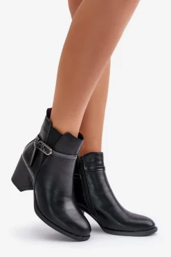 Botki Damskie Na Obcasie Słupku Ocieplane Z Paskiem Czarne Zinithia