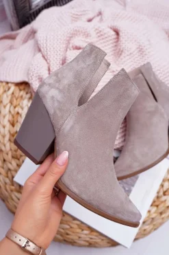 Botki Damskie Na Obcasie Wiosenne Skóra Zamsz Cappuccino Nicole 2430