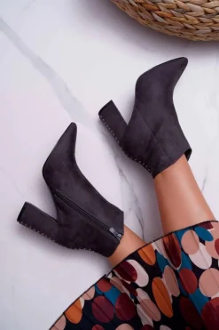 Botki Damskie Na Obcasie Z Nitami W Szpic Szare Snack