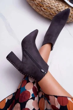 Botki Damskie Na Obcasie Z Nitami W Szpic Szare Snack