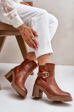 Botki Damskie Na Obcasie Słupku Ocieplane Na Zamek Camel Inabelle