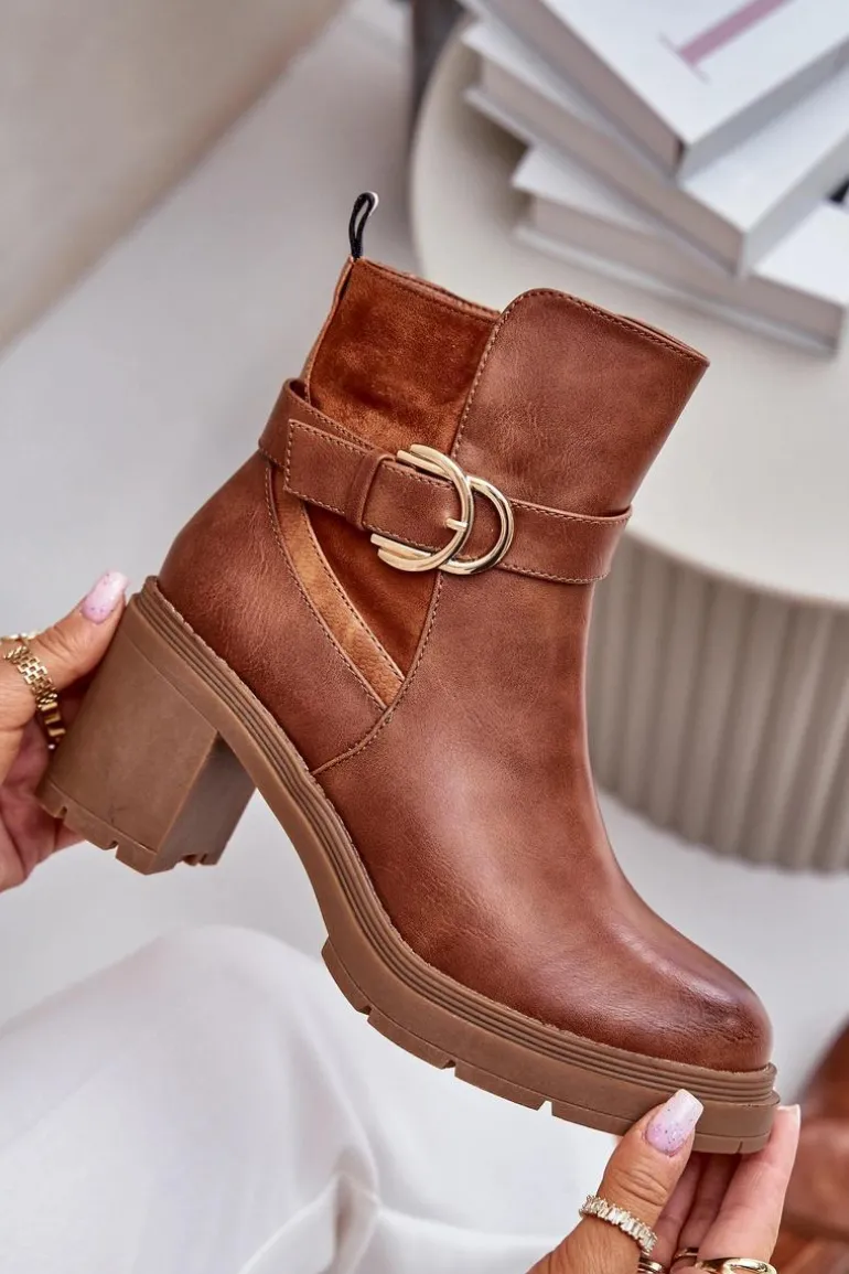 Botki Damskie Na Obcasie Słupku Ocieplane Na Zamek Camel Inabelle