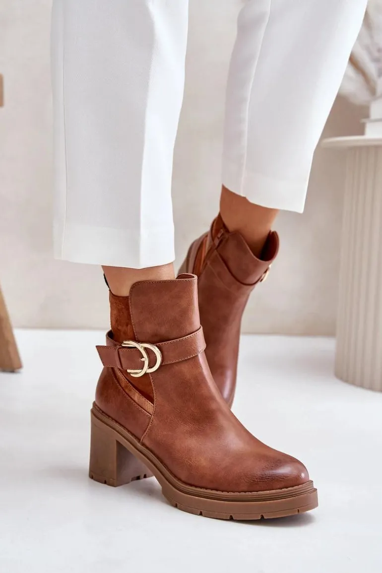 Botki Damskie Na Obcasie Słupku Ocieplane Na Zamek Camel Inabelle