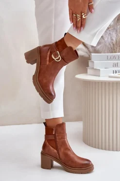 Botki Damskie Na Obcasie Słupku Ocieplane Na Zamek Camel Inabelle