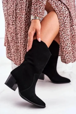 Botki Damskie Na Obcasie Skóra Nubuk Czarne Nicole 2580