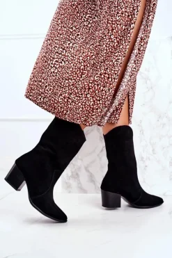 Botki Damskie Na Obcasie Skóra Nubuk Czarne Nicole 2580