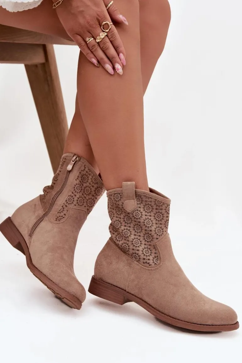 Botki Damskie Na Płaskim Obcasie Z Ażurowym Wzorem S.Barski HY52-530 Beżowe