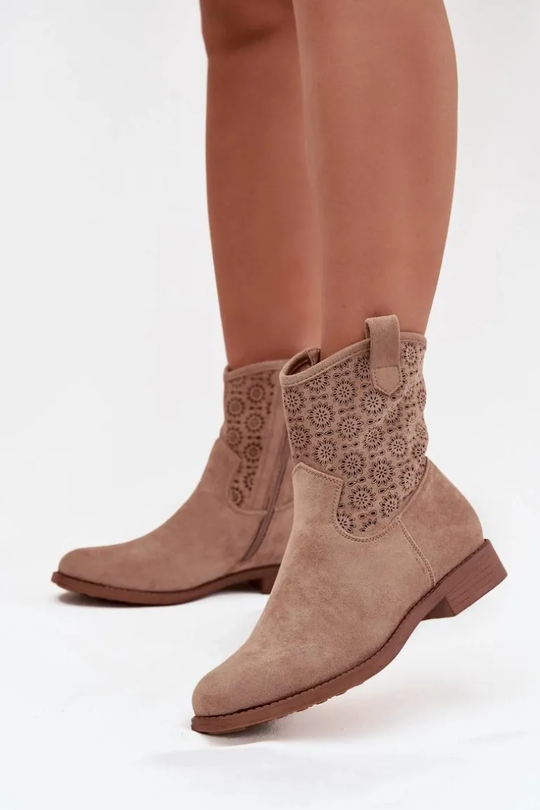 Botki Damskie Na Płaskim Obcasie Z Ażurowym Wzorem S.Barski HY52-530 Beżowe