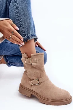 Botki Damskie Na Płaskim Obcasie Z Klamrami Beżowe Bliggore