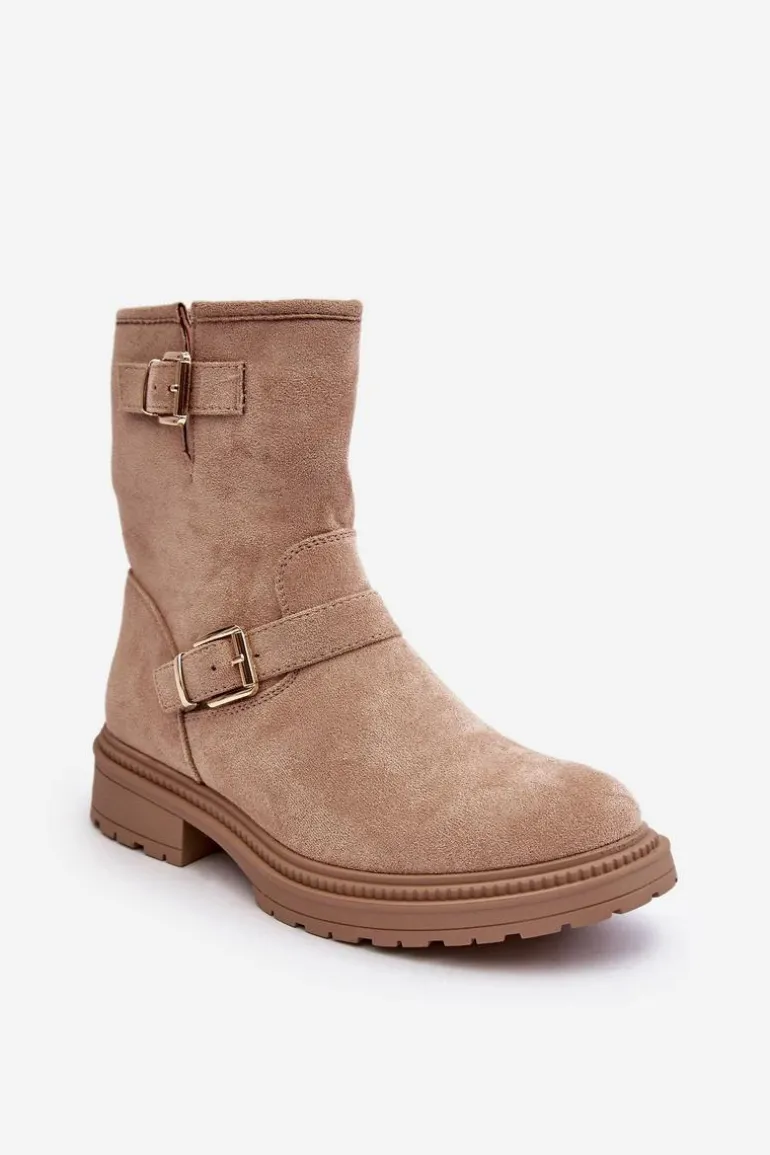 Botki Damskie Na Płaskim Obcasie Z Klamrami Beżowe Bliggore