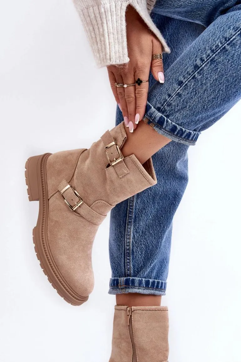 Botki Damskie Na Płaskim Obcasie Z Klamrami Beżowe Bliggore