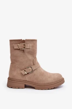 Botki Damskie Na Płaskim Obcasie Z Klamrami Beżowe Bliggore