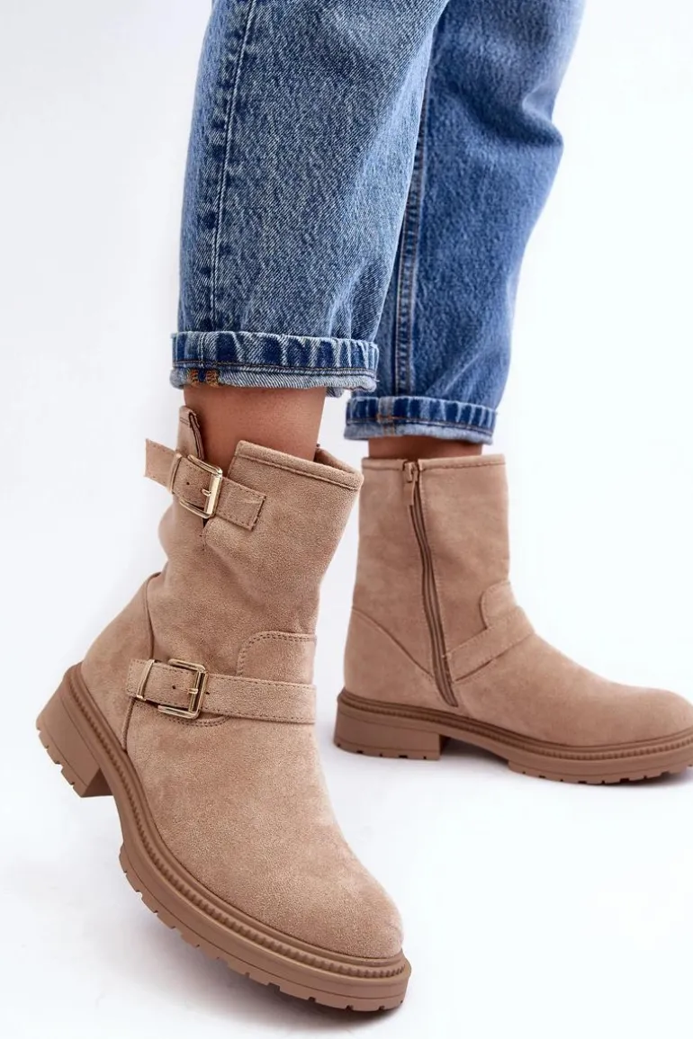 Botki Damskie Na Płaskim Obcasie Z Klamrami Beżowe Bliggore