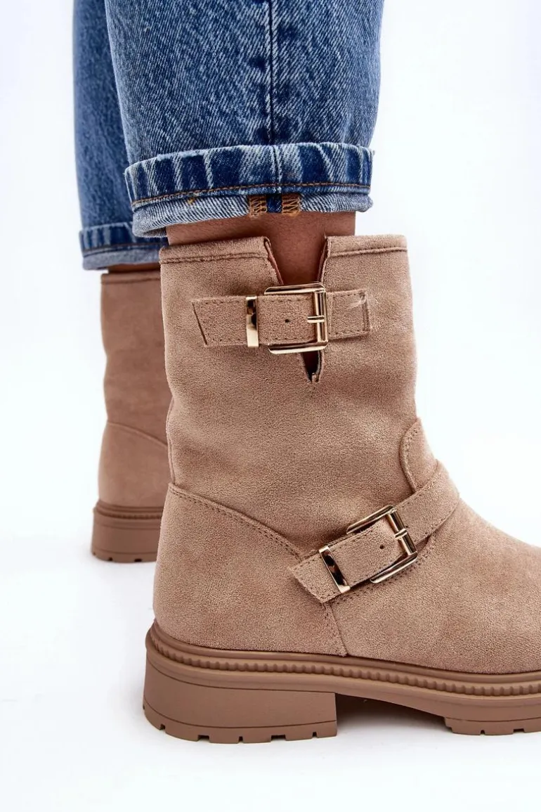 Botki Damskie Na Płaskim Obcasie Z Klamrami Beżowe Bliggore