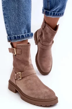 Botki Damskie Na Płaskim Obcasie Z Klamrami Ciemnobeżowe Bliggore