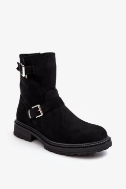 Botki Damskie Na Płaskim Obcasie Z Klamrami Czarne Bliggore