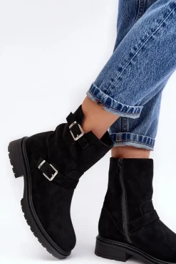 Botki Damskie Na Płaskim Obcasie Z Klamrami Czarne Bliggore