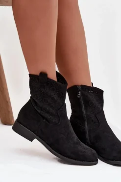 Botki Damskie Na Płaskim Obcasie Z Ażurowym Wzorem S.Barski HY52-530 Czarne