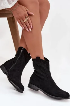 Botki Damskie Na Płaskim Obcasie Z Ażurowym Wzorem S.Barski HY52-530 Czarne