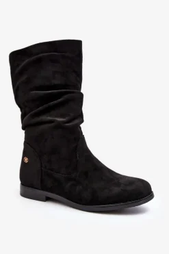 Botki Damskie Na Płaskim Obcasie Z Marszczoną Cholewką Czarne Kotine