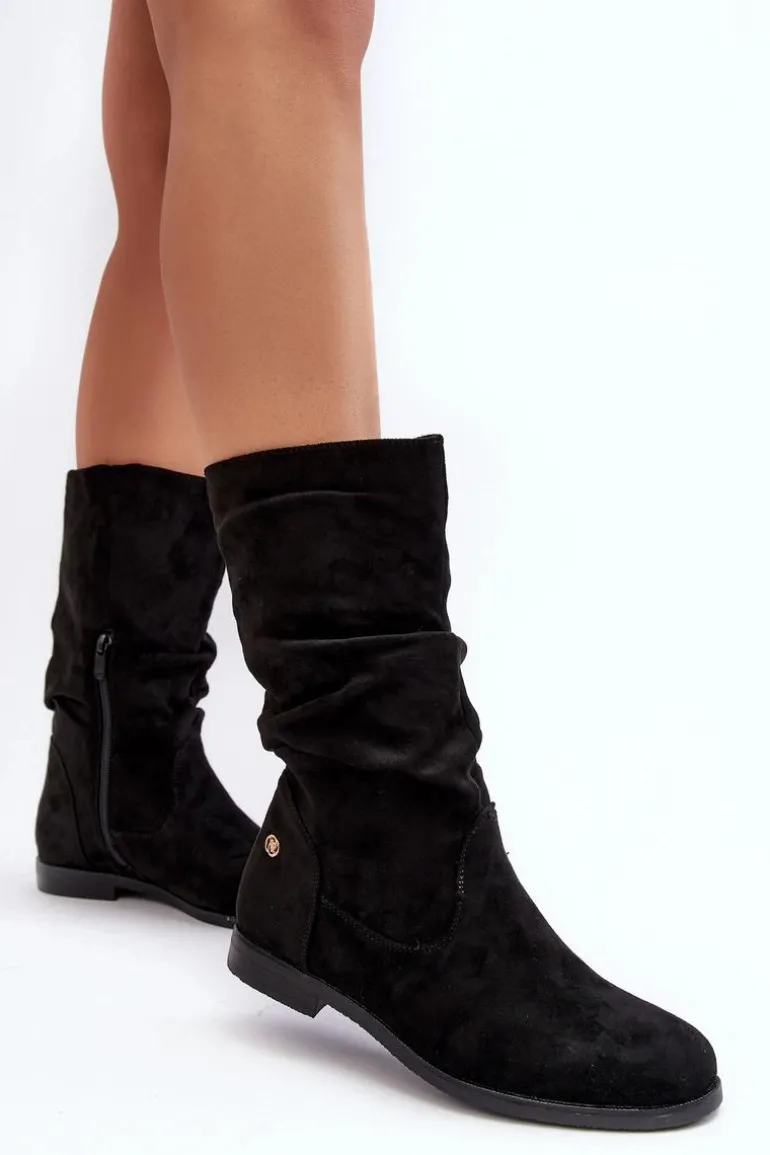 Botki Damskie Na Płaskim Obcasie Z Marszczoną Cholewką Czarne Kotine