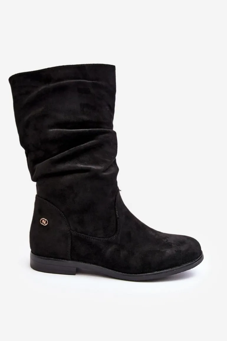 Botki Damskie Na Płaskim Obcasie Z Marszczoną Cholewką Czarne Kotine