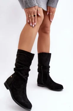 Botki Damskie Na Płaskim Obcasie Z Marszczoną Cholewką Czarne Kotine