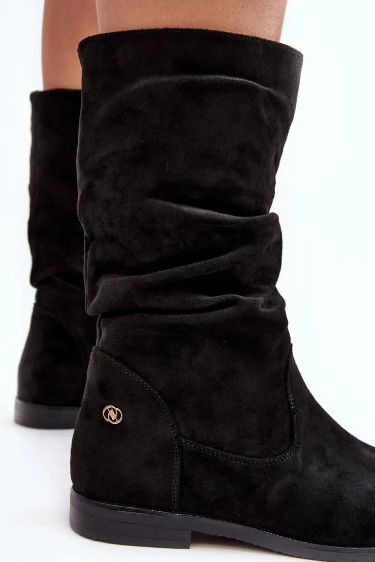 Botki Damskie Na Płaskim Obcasie Z Marszczoną Cholewką Czarne Kotine