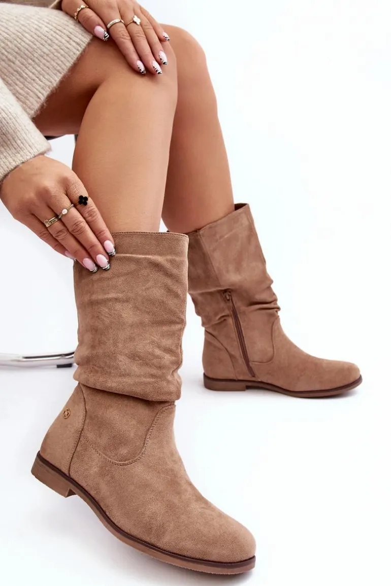 Botki Damskie Na Płaskim Obcasie Z Marszczoną Cholewką Beżowe Kotine