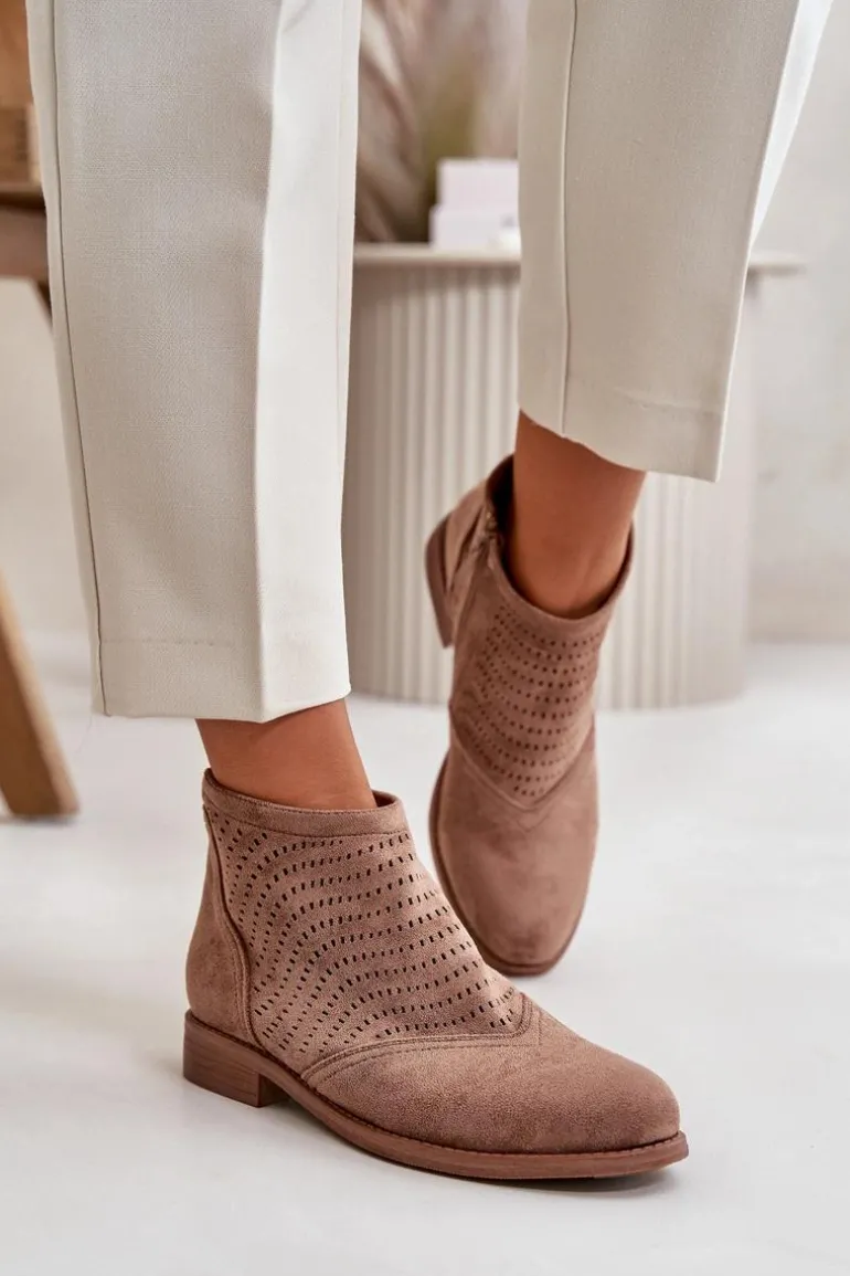 Botki Damskie Na Płaskim Obcasie Ażurowe Brązowe S.Barski HY42-076