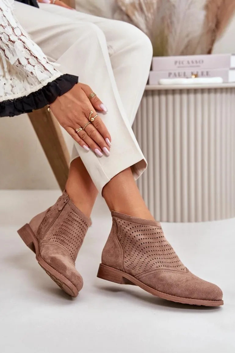 Botki Damskie Na Płaskim Obcasie Ażurowe Brązowe S.Barski HY42-076