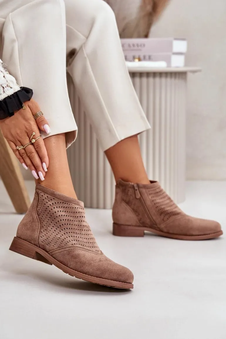 Botki Damskie Na Płaskim Obcasie Ażurowe Brązowe S.Barski HY42-076