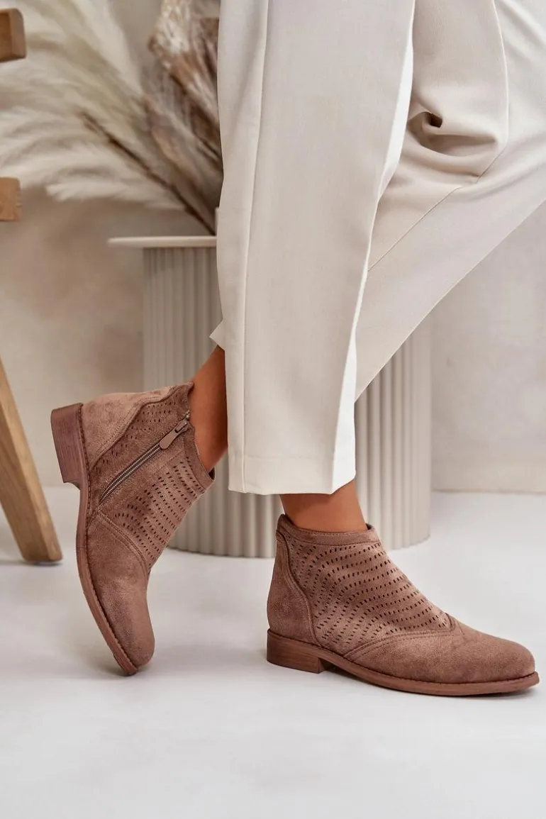 Botki Damskie Na Płaskim Obcasie Ażurowe Brązowe S.Barski HY42-076