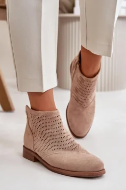 Botki Damskie Na Płaskim Obcasie Ażurowe Beżowe S.Barski HY42-076