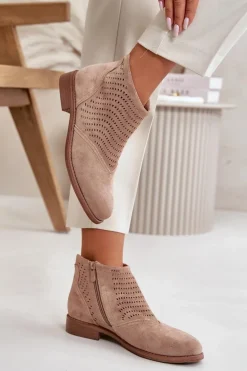 Botki Damskie Na Płaskim Obcasie Ażurowe Beżowe S.Barski HY42-076