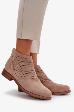 Botki Damskie Na Płaskim Obcasie Ażurowe Beżowe S.Barski HY42-076