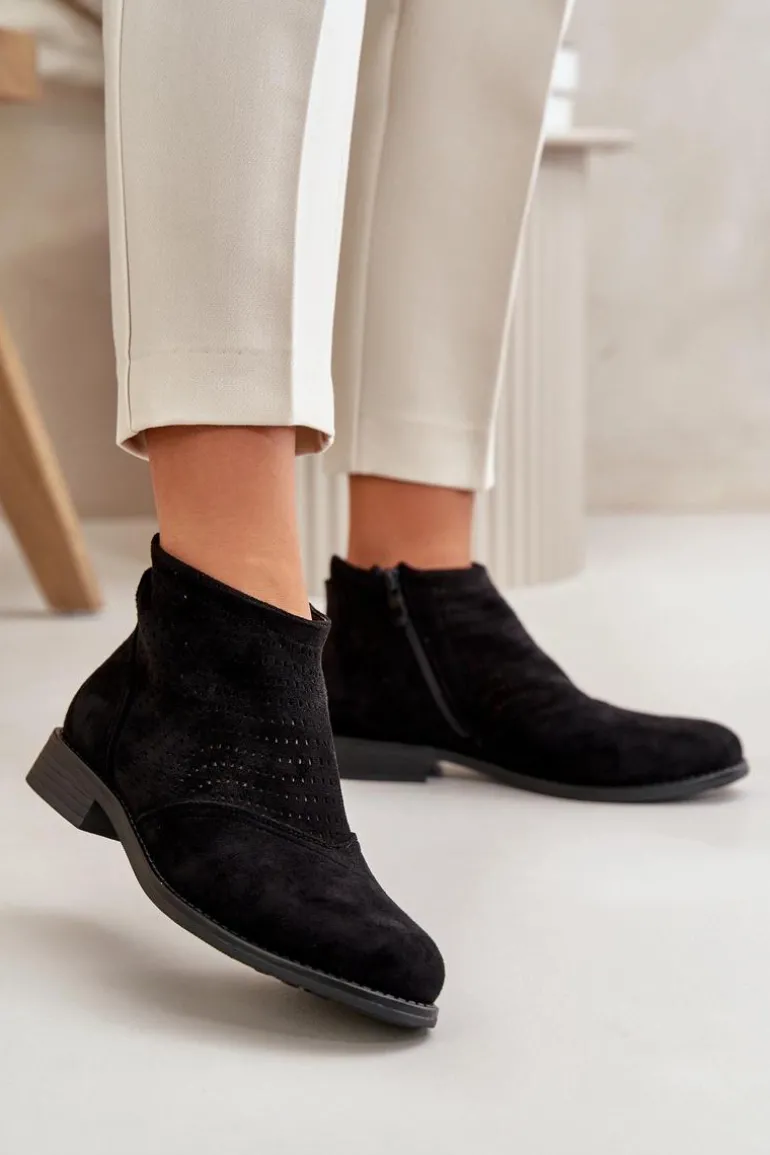 Botki Damskie Na Płaskim Obcasie Ażurowe Czarne S.Barski HY42-076