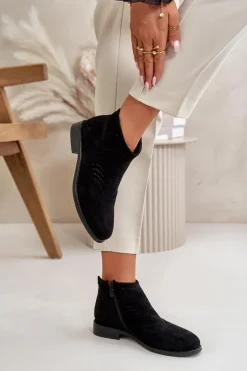 Botki Damskie Na Płaskim Obcasie Ażurowe Czarne S.Barski HY42-076