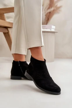 Botki Damskie Na Płaskim Obcasie Ażurowe Czarne S.Barski HY42-076