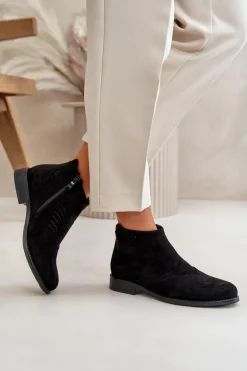 Botki Damskie Na Płaskim Obcasie Ażurowe Czarne S.Barski HY42-076