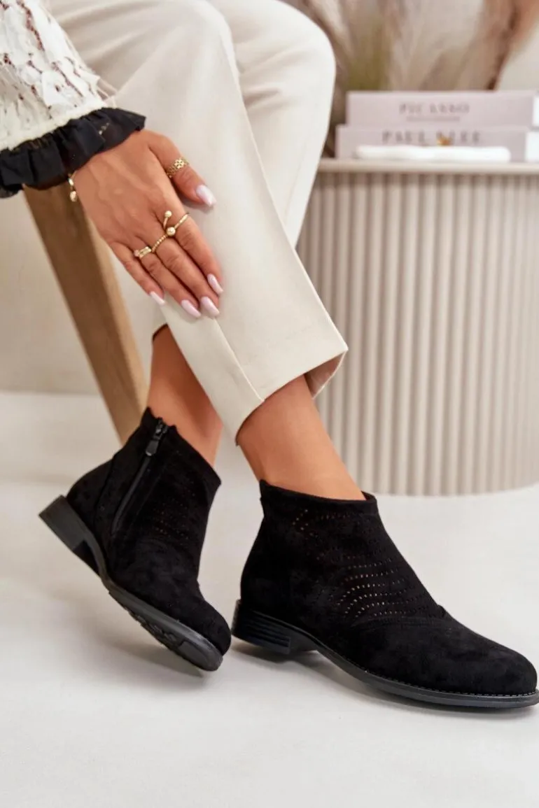 Botki Damskie Na Płaskim Obcasie Ażurowe Czarne S.Barski HY42-076