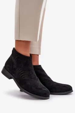 Botki Damskie Na Płaskim Obcasie Ażurowe Czarne S.Barski HY42-076