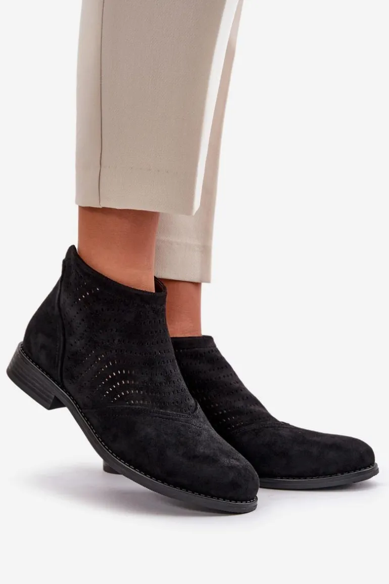 Botki Damskie Na Płaskim Obcasie Ażurowe Czarne S.Barski HY42-076