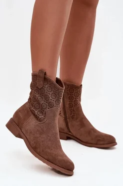 Botki Damskie Na Płaskim Obcasie Z Ażurowym Wzorem S.Barski HY52-530 Brązowe