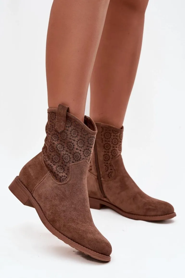 Botki Damskie Na Płaskim Obcasie Z Ażurowym Wzorem S.Barski HY52-530 Brązowe