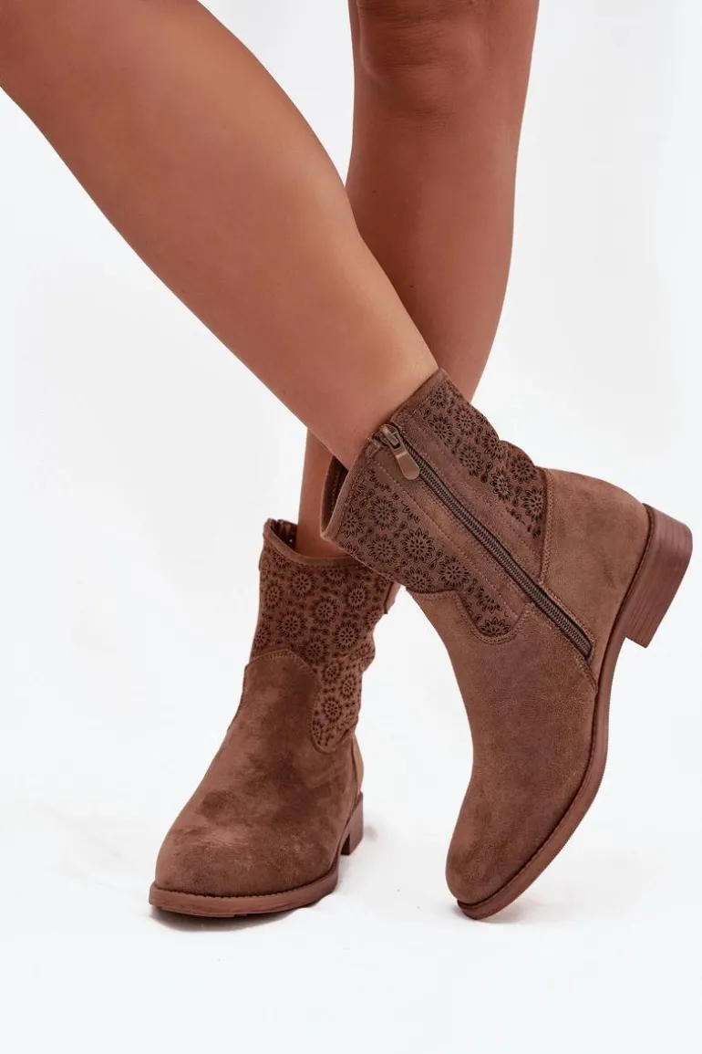 Botki Damskie Na Płaskim Obcasie Z Ażurowym Wzorem S.Barski HY52-530 Brązowe