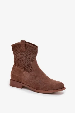 Botki Damskie Na Płaskim Obcasie Z Ażurowym Wzorem S.Barski HY52-530 Brązowe