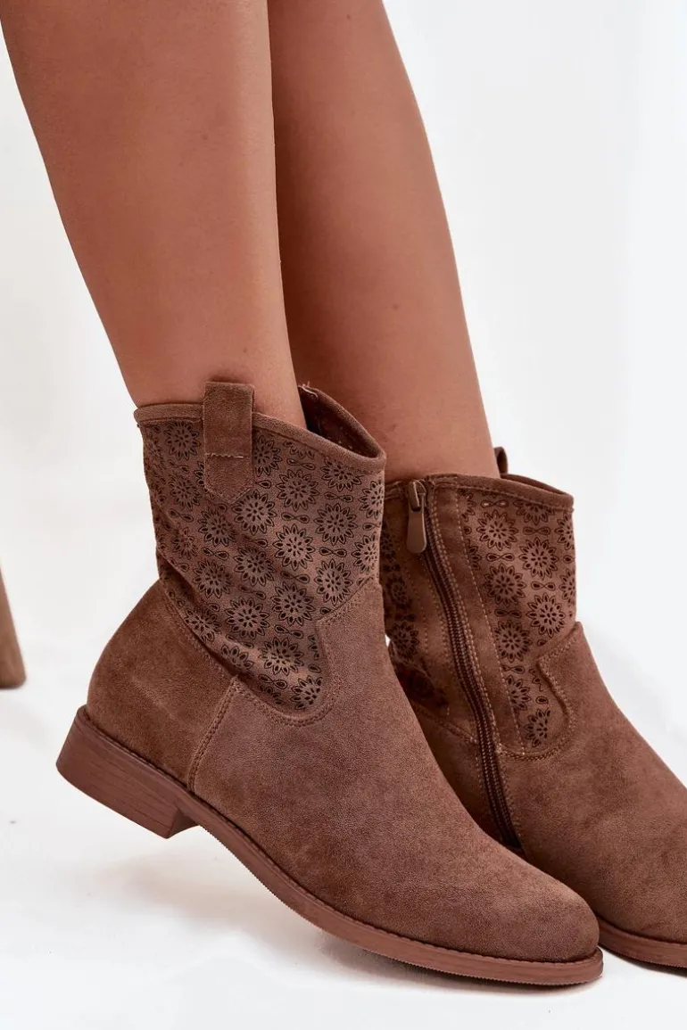 Botki Damskie Na Płaskim Obcasie Z Ażurowym Wzorem S.Barski HY52-530 Brązowe